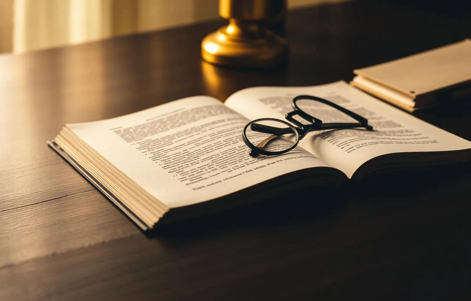 Aufgeschlagenes Gesetzbuch mit Lesebrille auf einem Schreibtisch